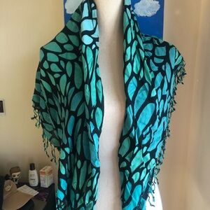 Teal & Black Patterned Fringe Scarf